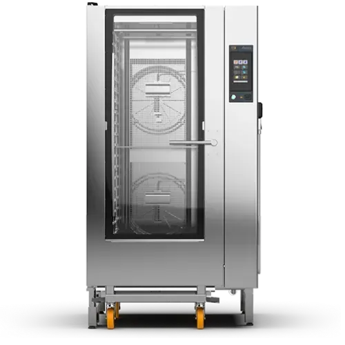Un horno de acero inoxidable con ruedas sobre un fondo blanco.