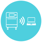 A blue circle with a laptop and an oven in it.