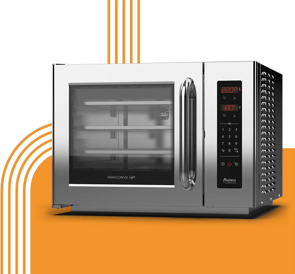 Un horno microondas de acero inoxidable se encuentra sobre un fondo naranja.