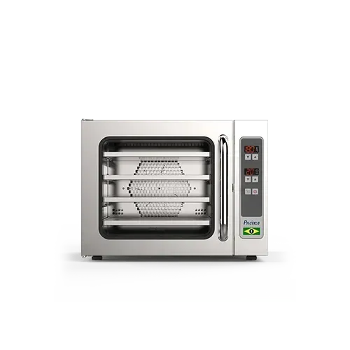 Un horno de acero inoxidable con un ventilador en su interior sobre un fondo blanco.