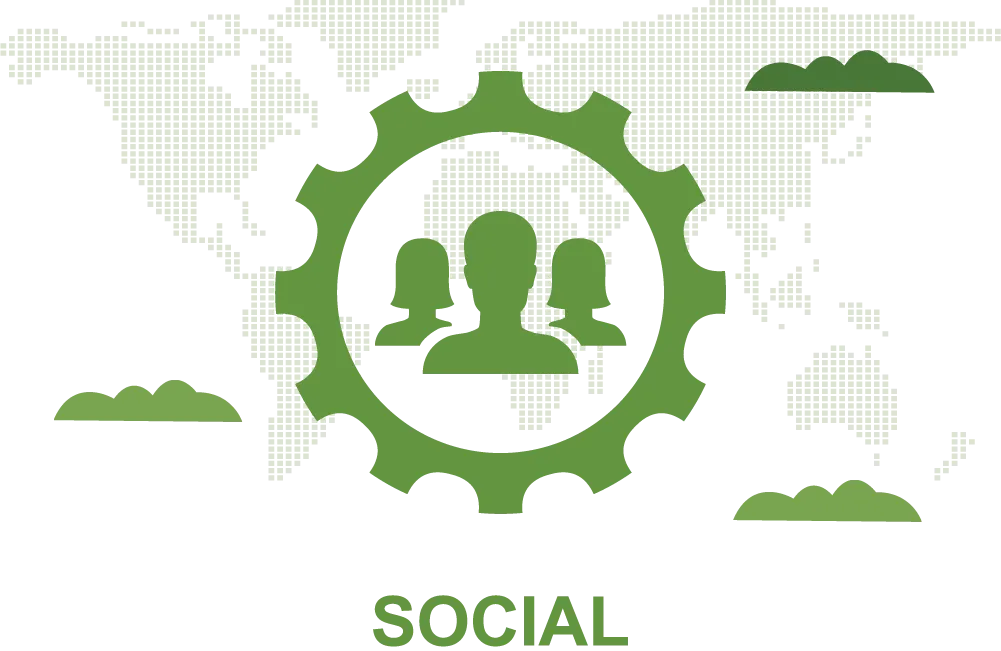 Un grupo de personas están sentadas dentro de un engranaje verde.