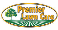 Premier Lawn Care logo with green tree and striped lawn in oval border