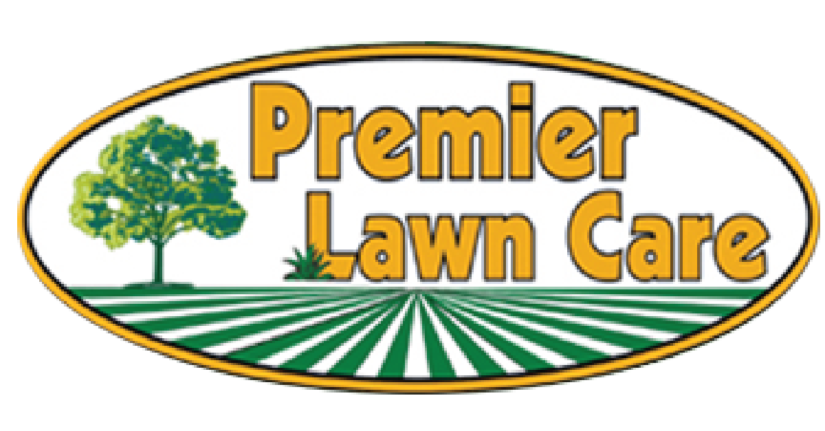 Premier Lawn Care logo with green tree and striped lawn in oval border