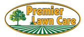 Premier Lawn Care logo with green tree and striped lawn in yellow oval