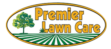 Premier Lawn Care logo with green tree and striped lawn in yellow oval