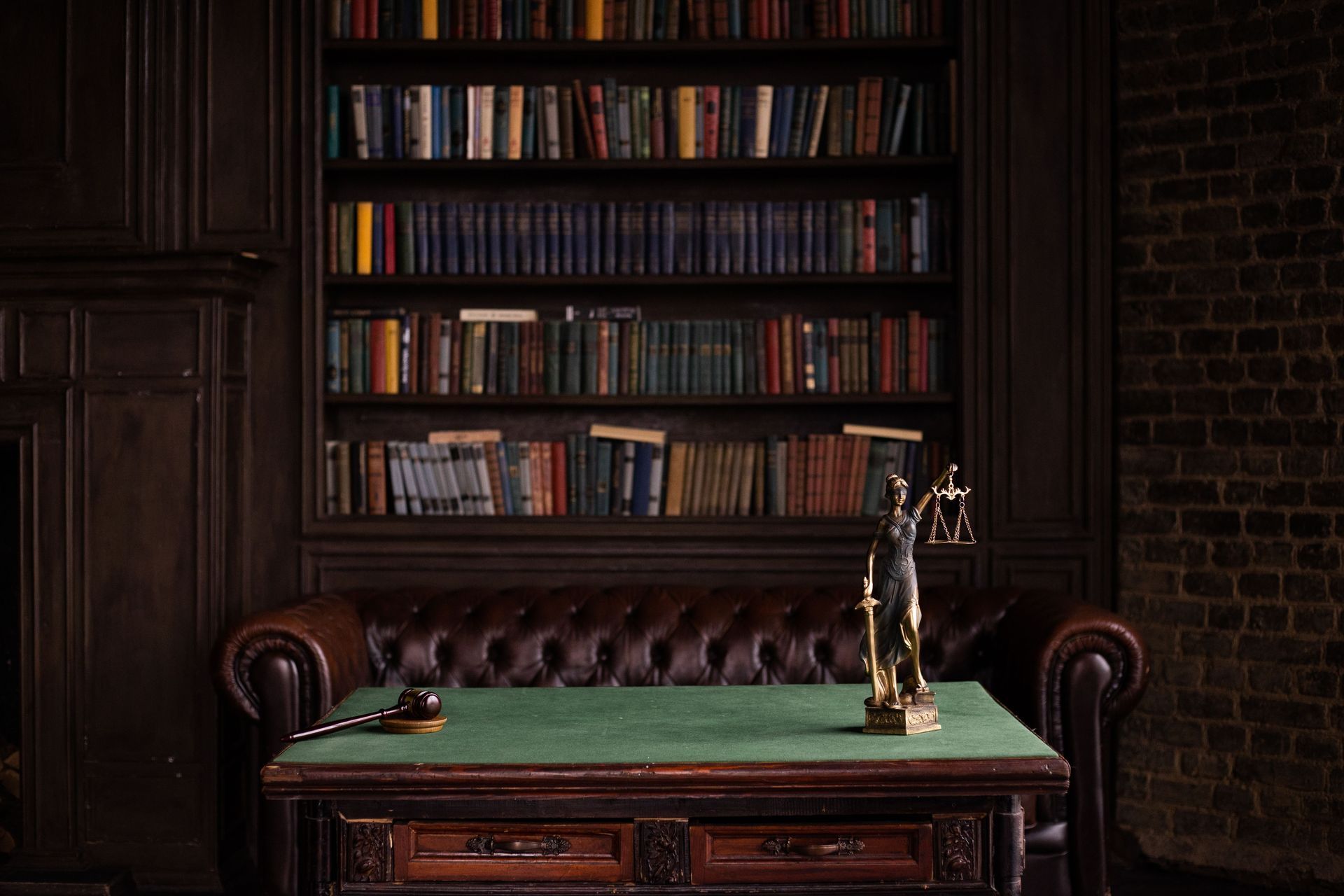 Biblioteca in legno scuro con scaffali, divano in pelle e tavolino da caffè con piano verde, vaso e statuetta.
