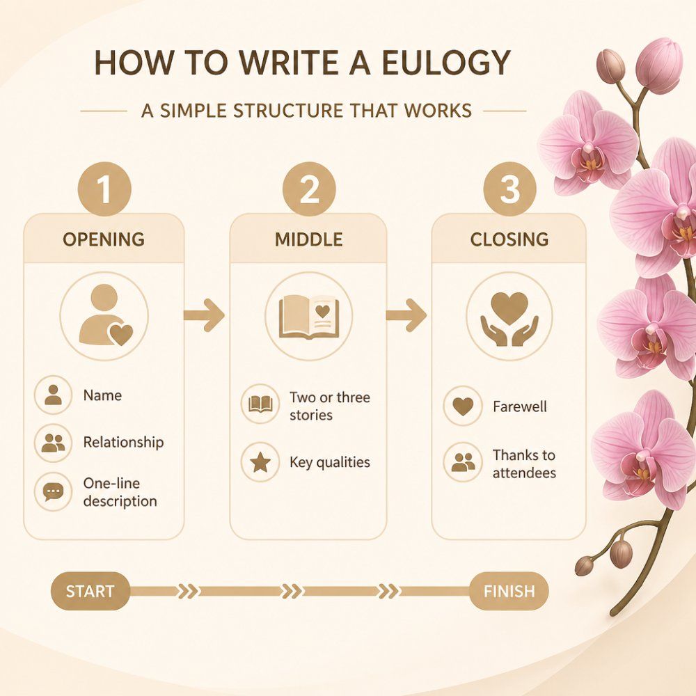 Flowchart outlining how to write a eulogy using a three-part structure of opening, stories, and final farewell.
