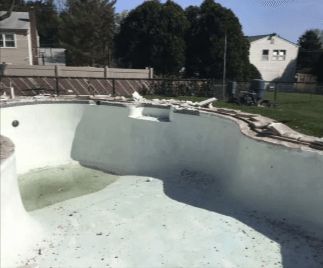 Empty, light blue concrete swimming pool in a backyard, with debris along the edges.