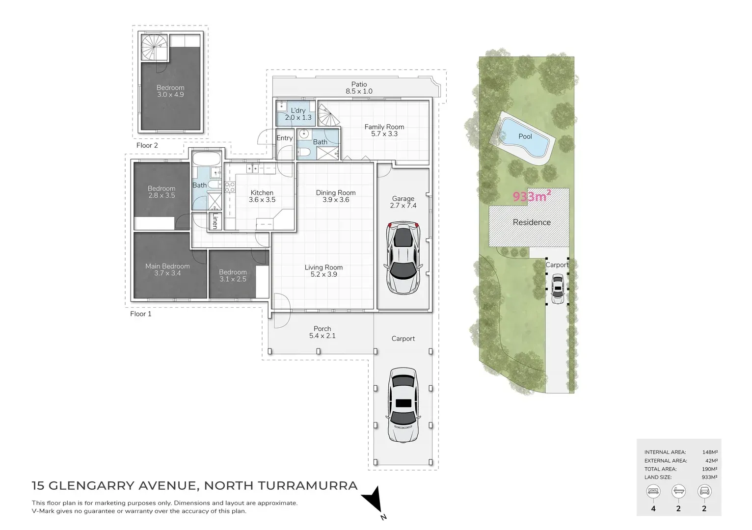 Floor plan of a modern home with driveway, two parked cars, and a landscaped side yard with a pool