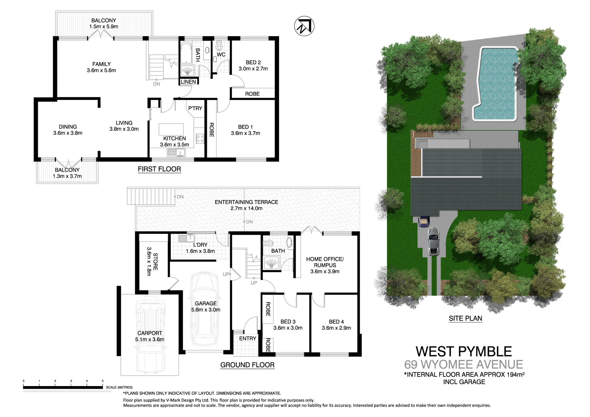 A floor plan of a house with a pool in the backyard.