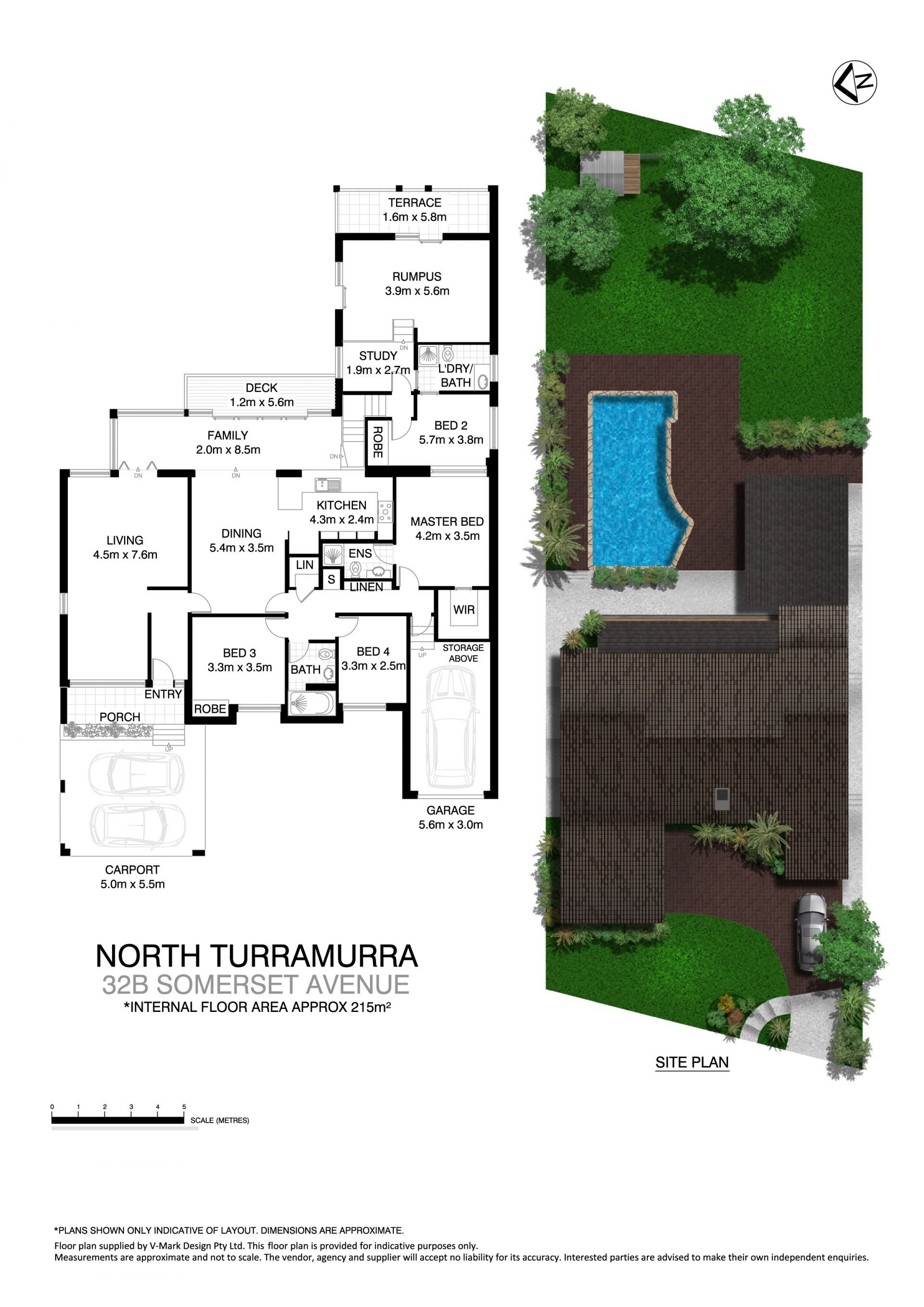 A floor plan of a house with a pool in the backyard.