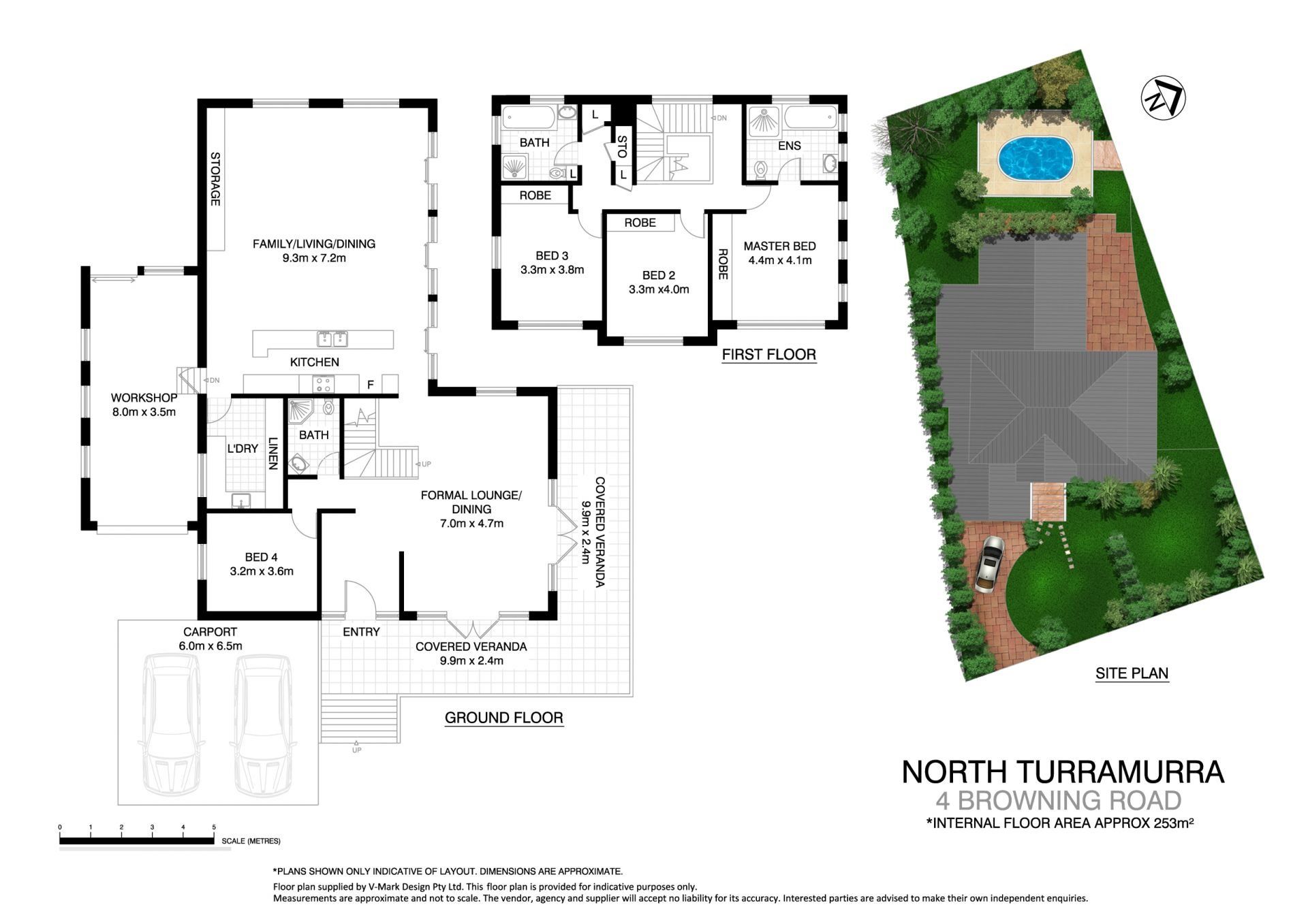 A floor plan of a house with a pool in the backyard.
