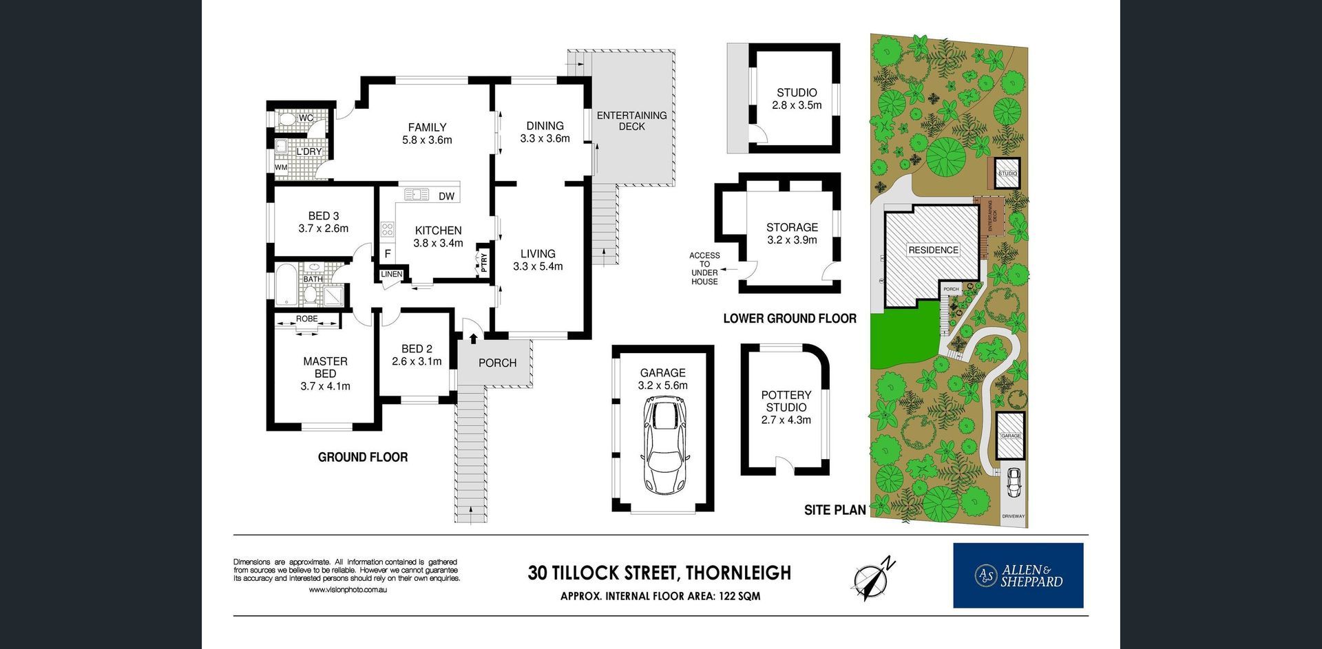 Annotated floor plan and landscaped site map for a residential property, with room labels and driveway.