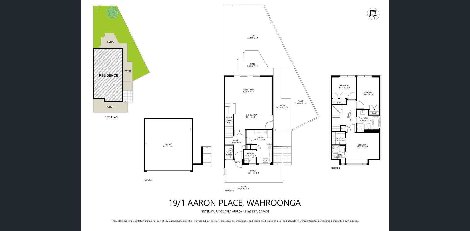 Architectural site plan with floor layouts, elevation drawings, and a highlighted green area on the left.