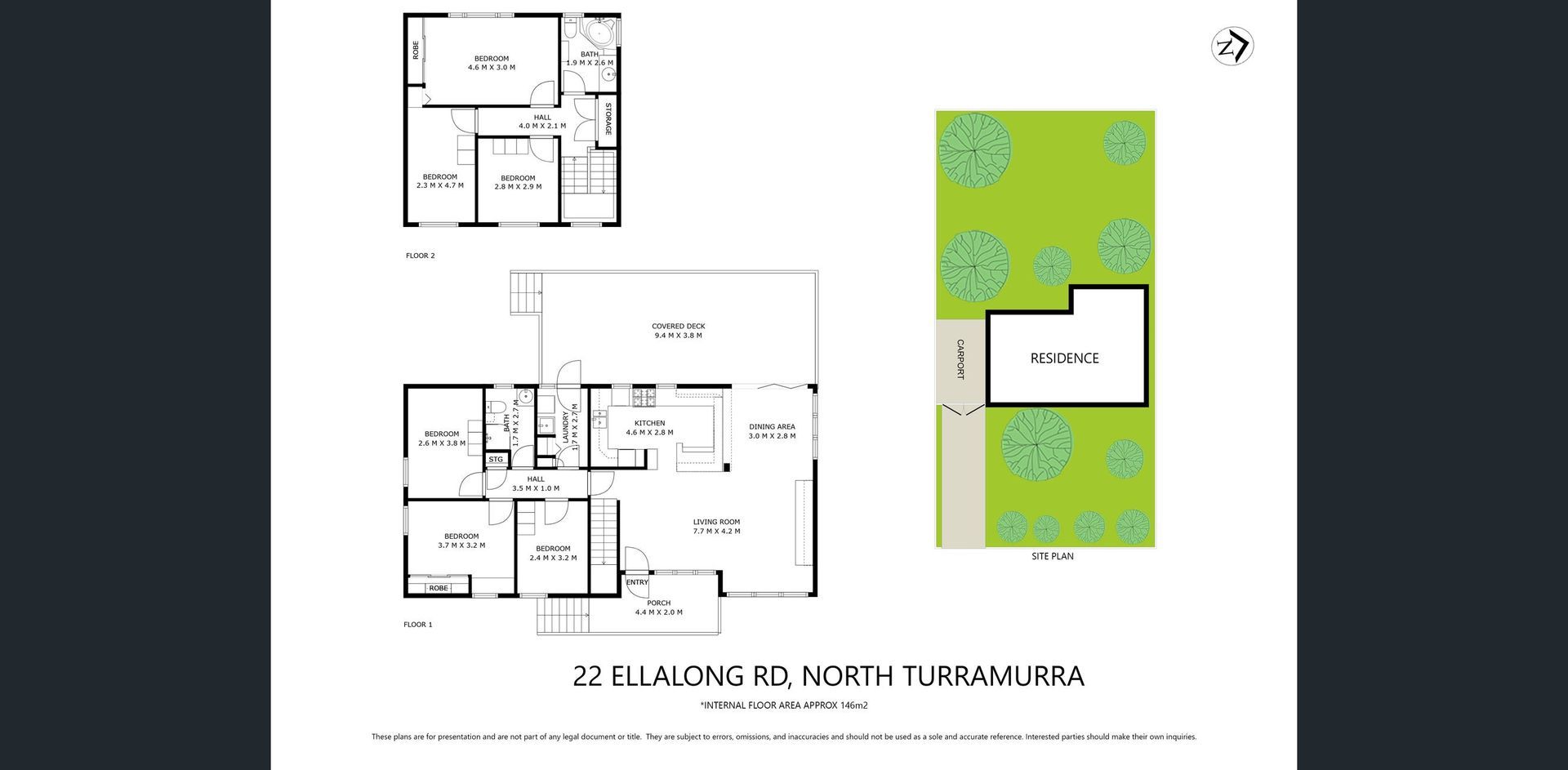 Two floor plan diagrams and a colorful site plan with green landscaping and a white building footprint.