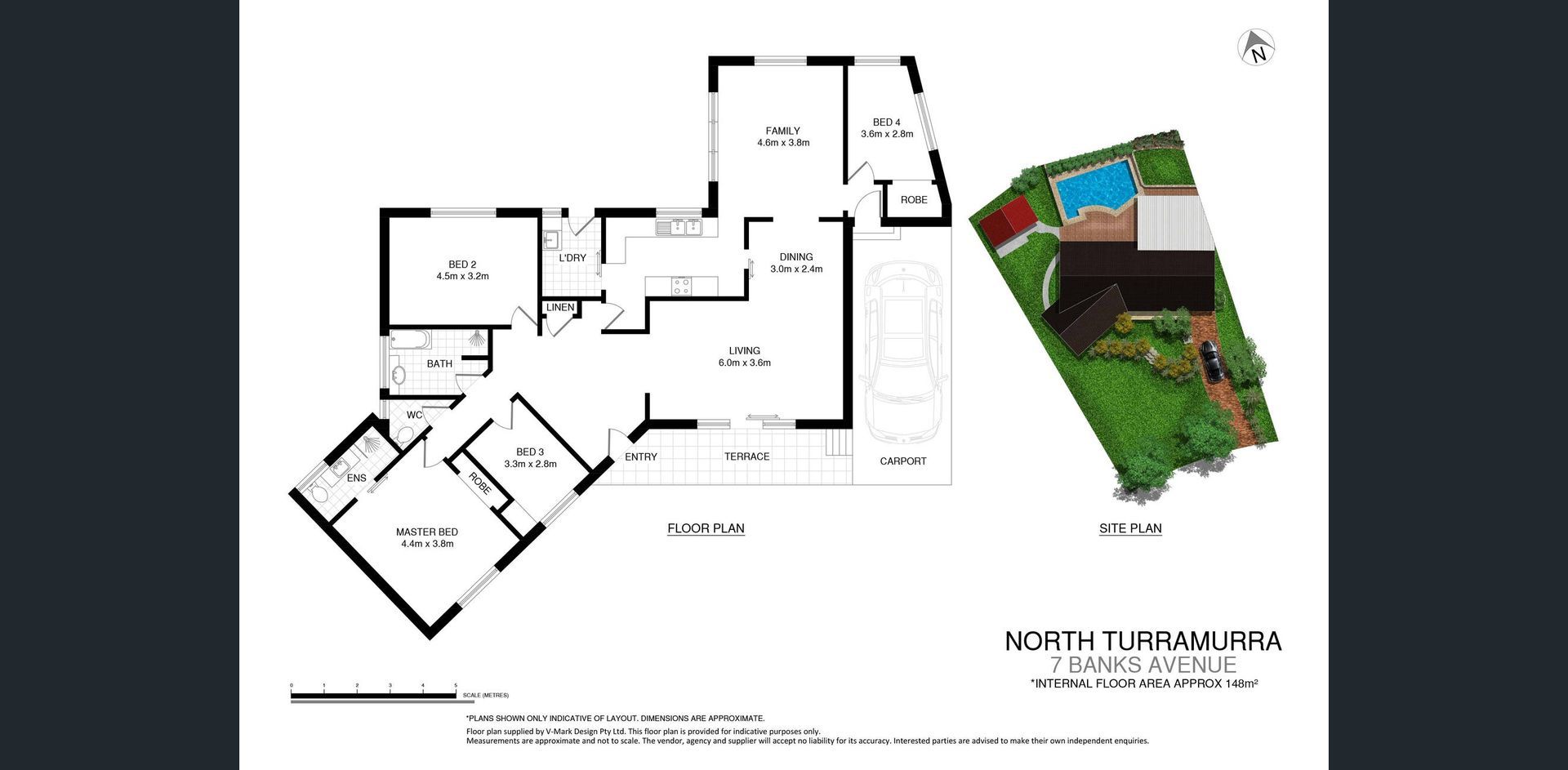 Architectural floor plan with a colored 3D house rendering and site layout view