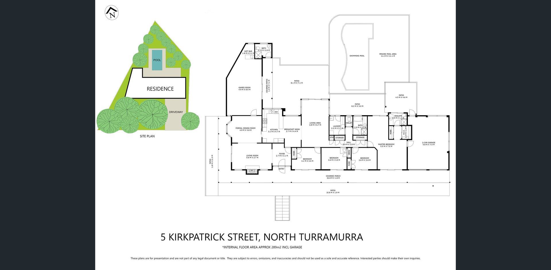 Architectural floor plan and site sketch of a small house with a green gabled roof.