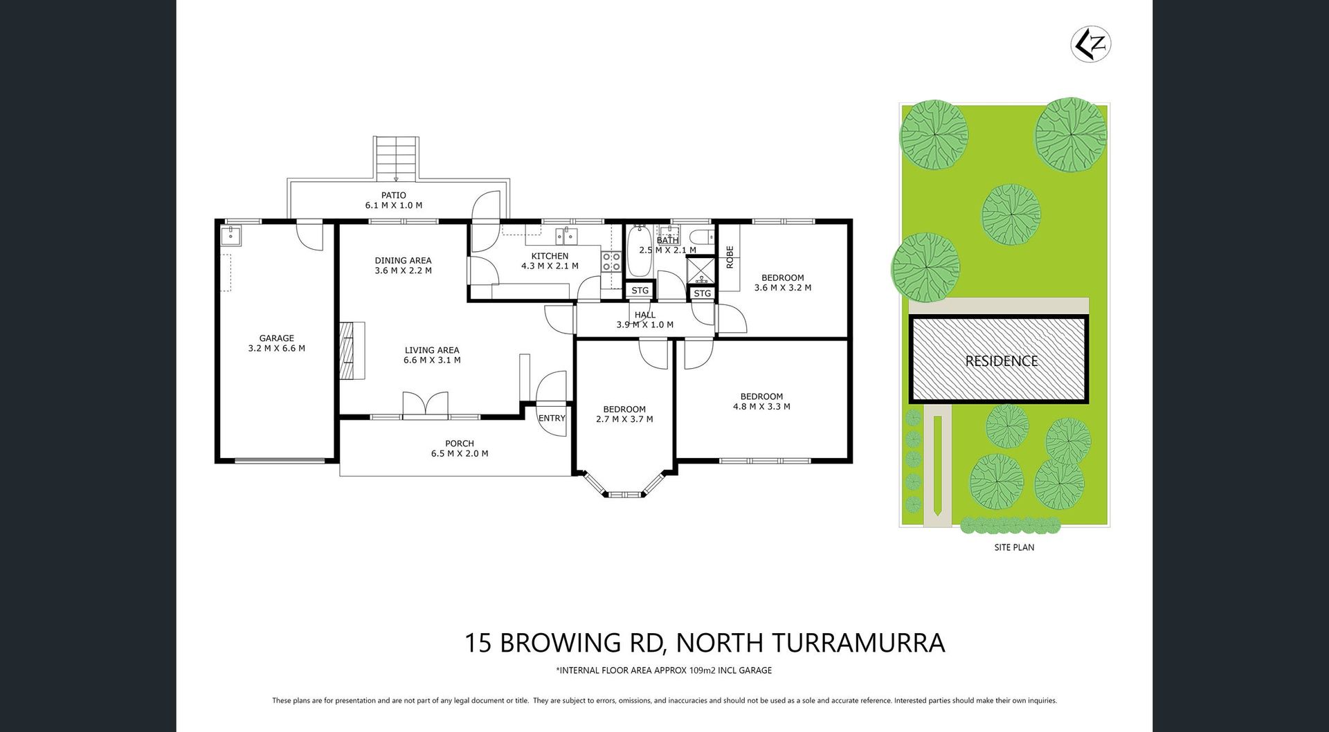 White architectural floor plan with small green site plan inset on the right.