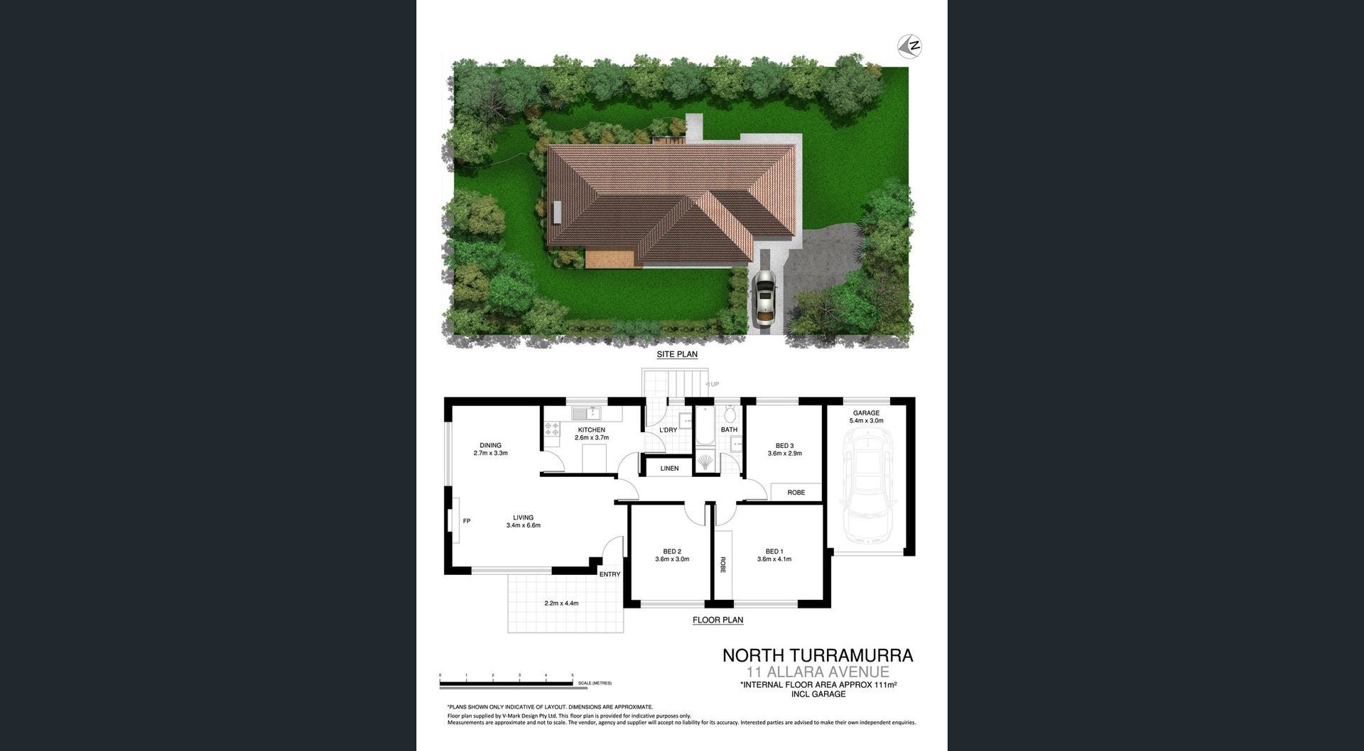 House floor plan with overhead roof view and labeled room layout surrounded by trees