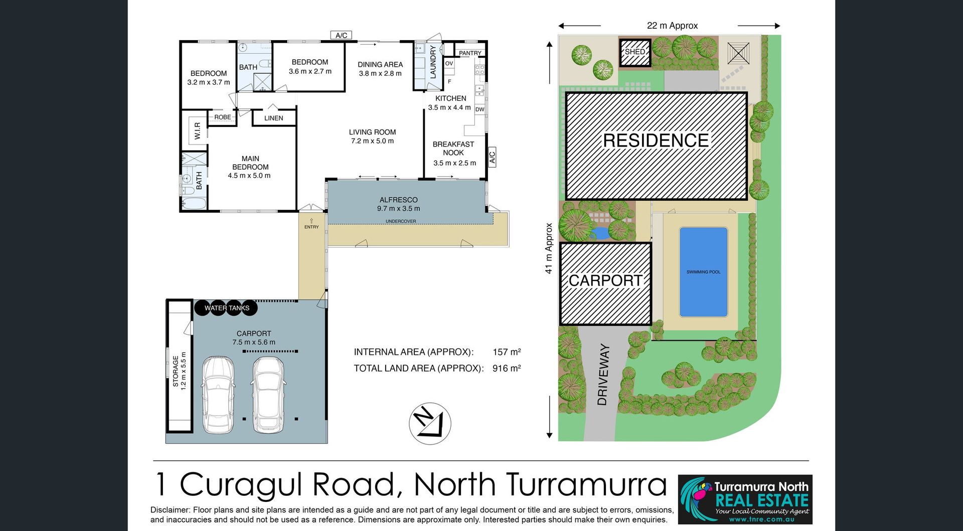 Site plan and floor plan for 1 Curagul Road, North Turramurra, with house, driveway, pool, and landscaping.