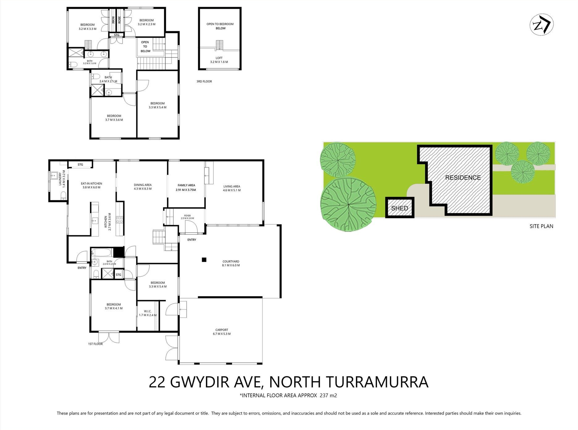Property floor plan and site layout for 22 Gwydir Ave, North Turramurra, with rooms and yard outlined.
