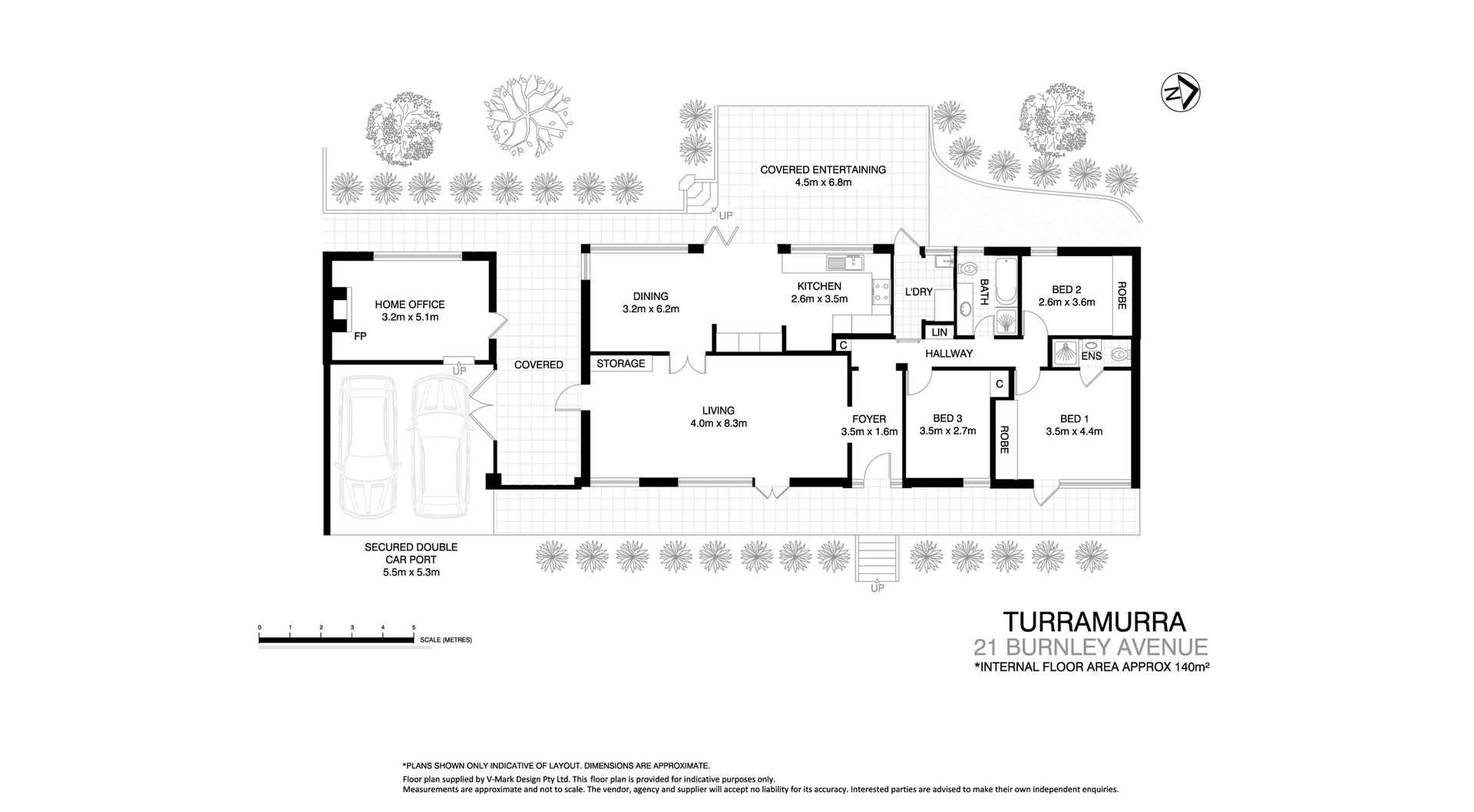 Architectural floor plan of a modern house with labeled rooms, furniture layouts, and exterior landscaping.
