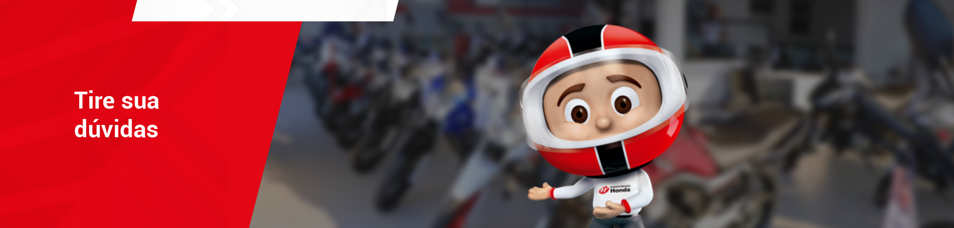 Um personagem de desenho animado usando um capacete está parado na frente de um grupo de motocicletas.