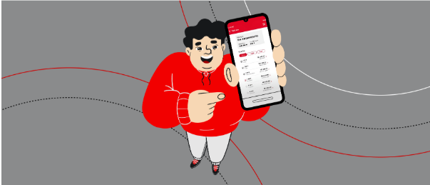 Person in red holding a smartphone with a red-and-white app screen on a gray background.