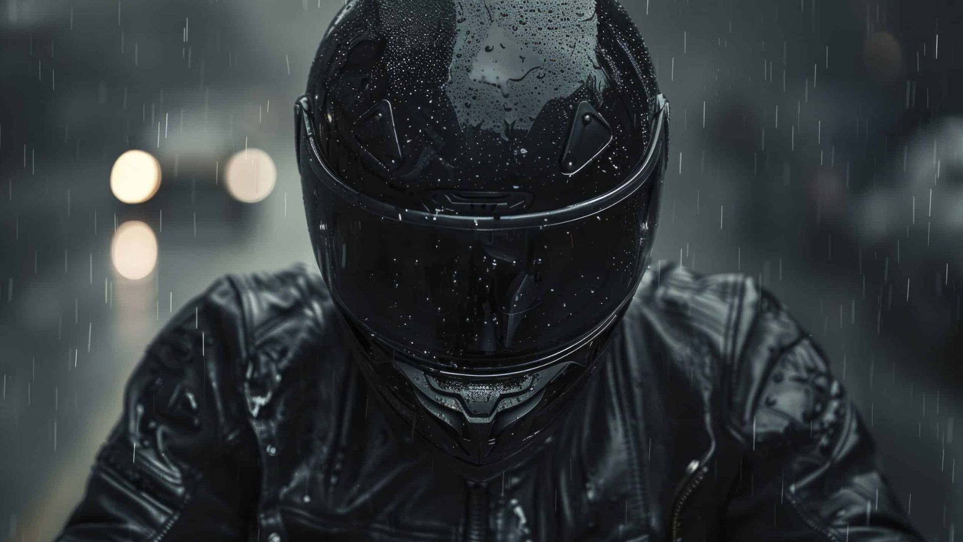Motorcyclist in black helmet and rain-soaked jacket in heavy rain at night