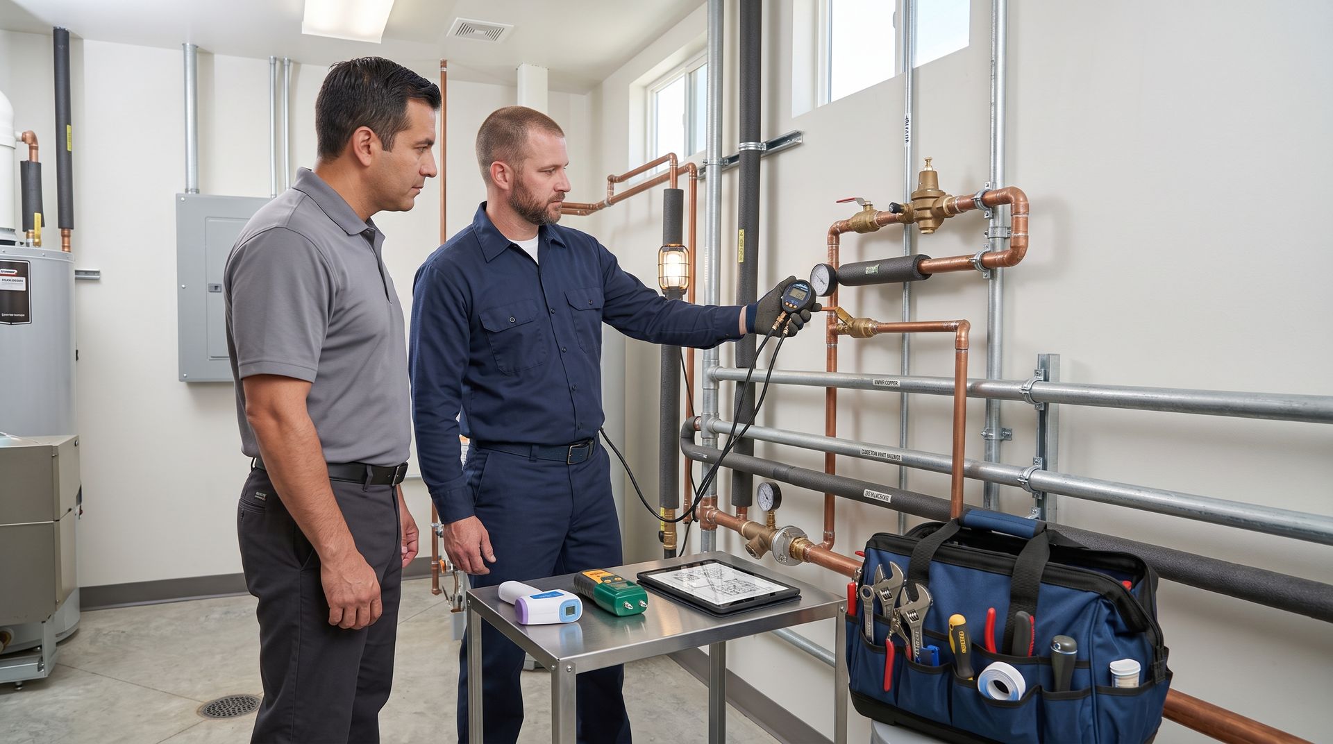 Two technicians inspecting copper pipes and gauges in a bright utility room