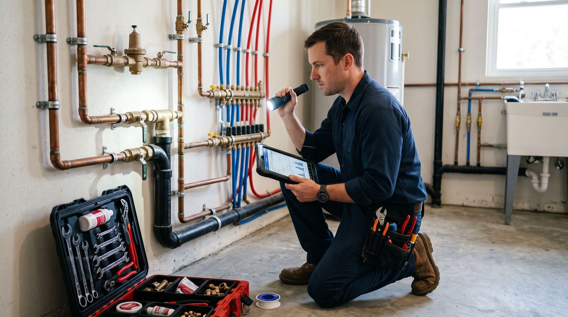 Plumber kneeling beside open toolbox, inspecting water heater and exposed pipes in a utility room.