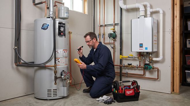 Technician kneeling beside water heaters, inspecting a pipe with a tool in a utility room