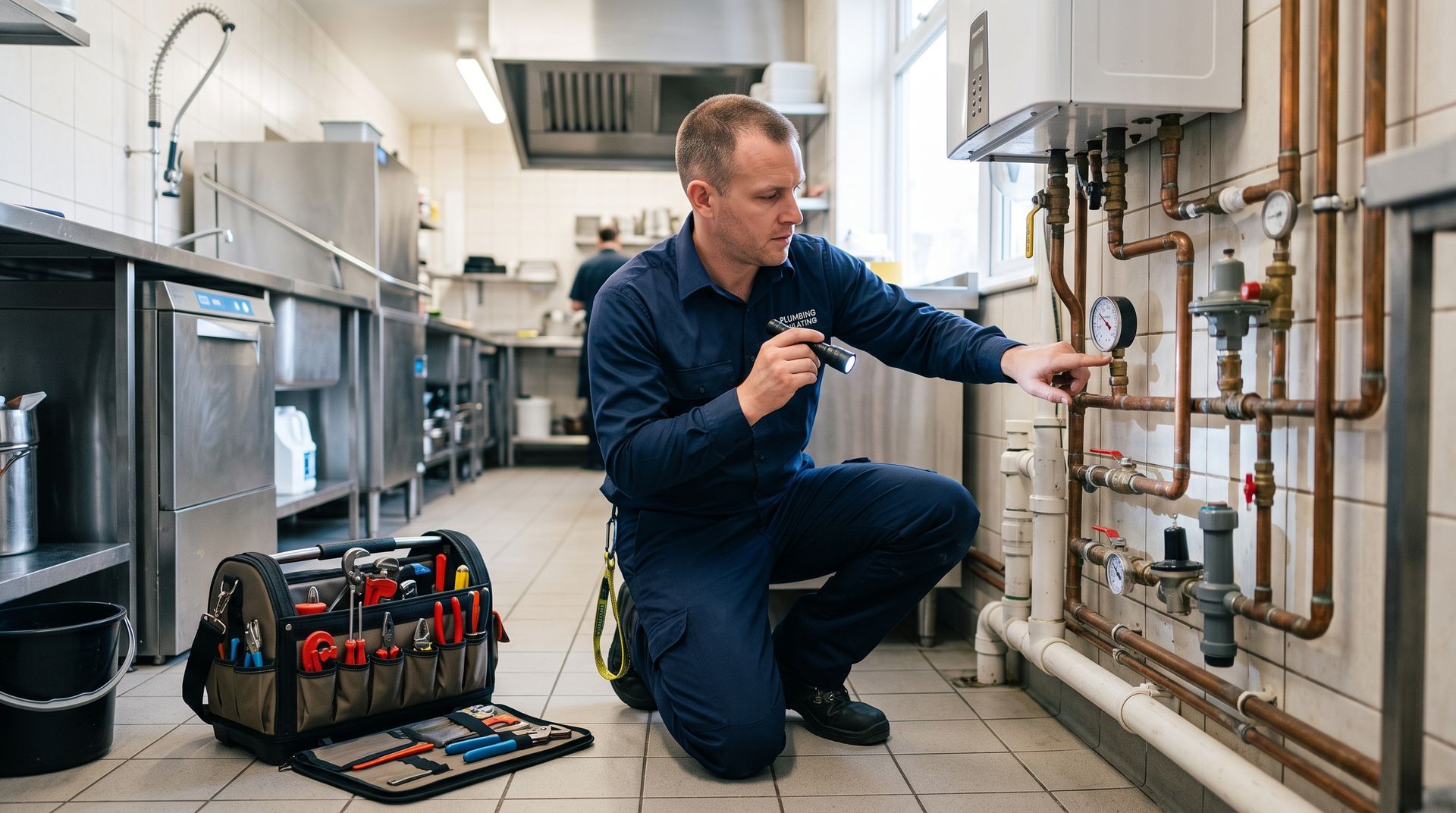Technician kneeling by industrial pipes, using a tool in a commercial kitchen or utility room.