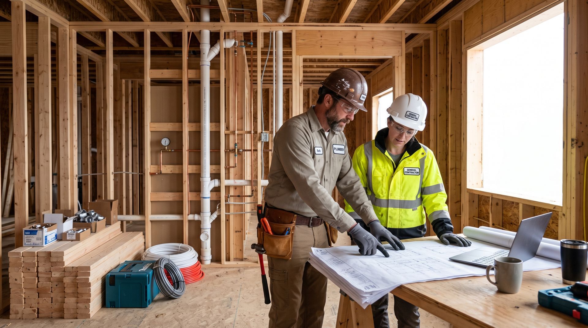 Two construction workers reviewing plans at a workbench inside an unfinished house frame.