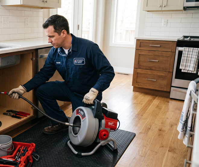 Person repairing a kitchen drain with plumbing tools on the floor and a sink cabinet nearby
