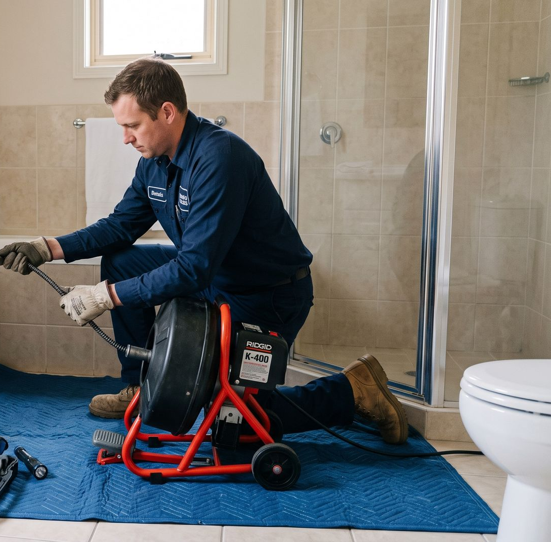 Plumber using a drain auger on a bathroom floor beside a shower and toilet