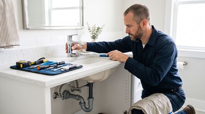 Plumber repairing pipes under a bathroom sink with tools laid out on the counter