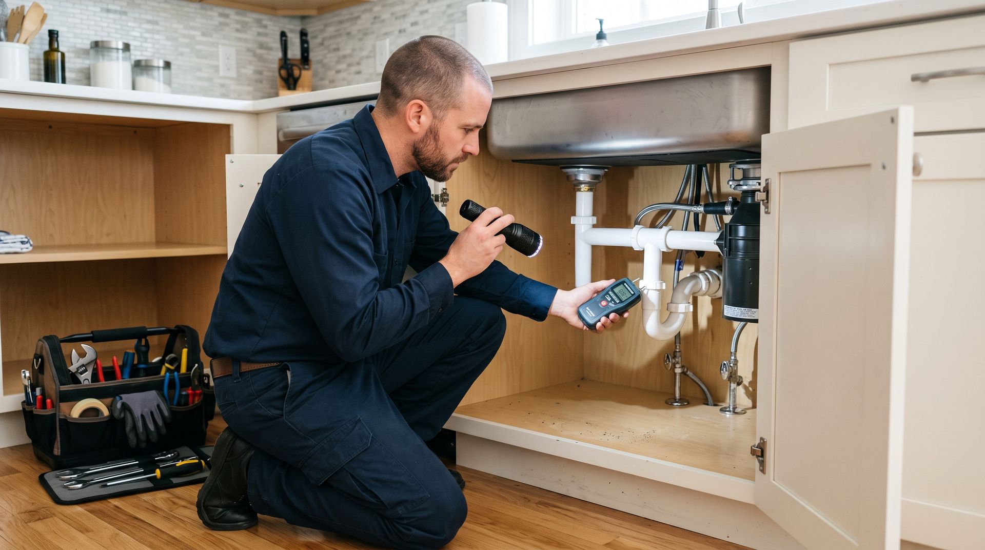 Plumber repairing under-sink pipes in a kitchen cabinet with tools and a flashlight
