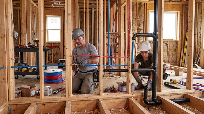 Two workers framing a house interior with exposed wooden studs and tools on the floor.