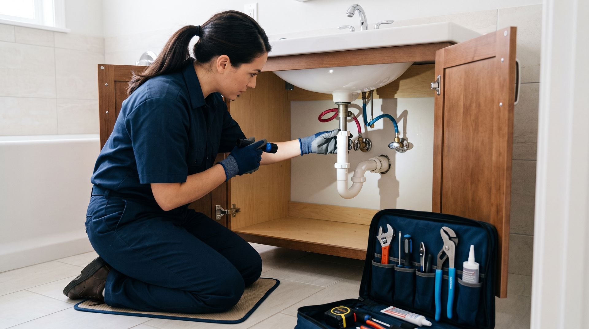 Plumber kneeling under a sink, inspecting pipes with tools beside a bathroom vanity.