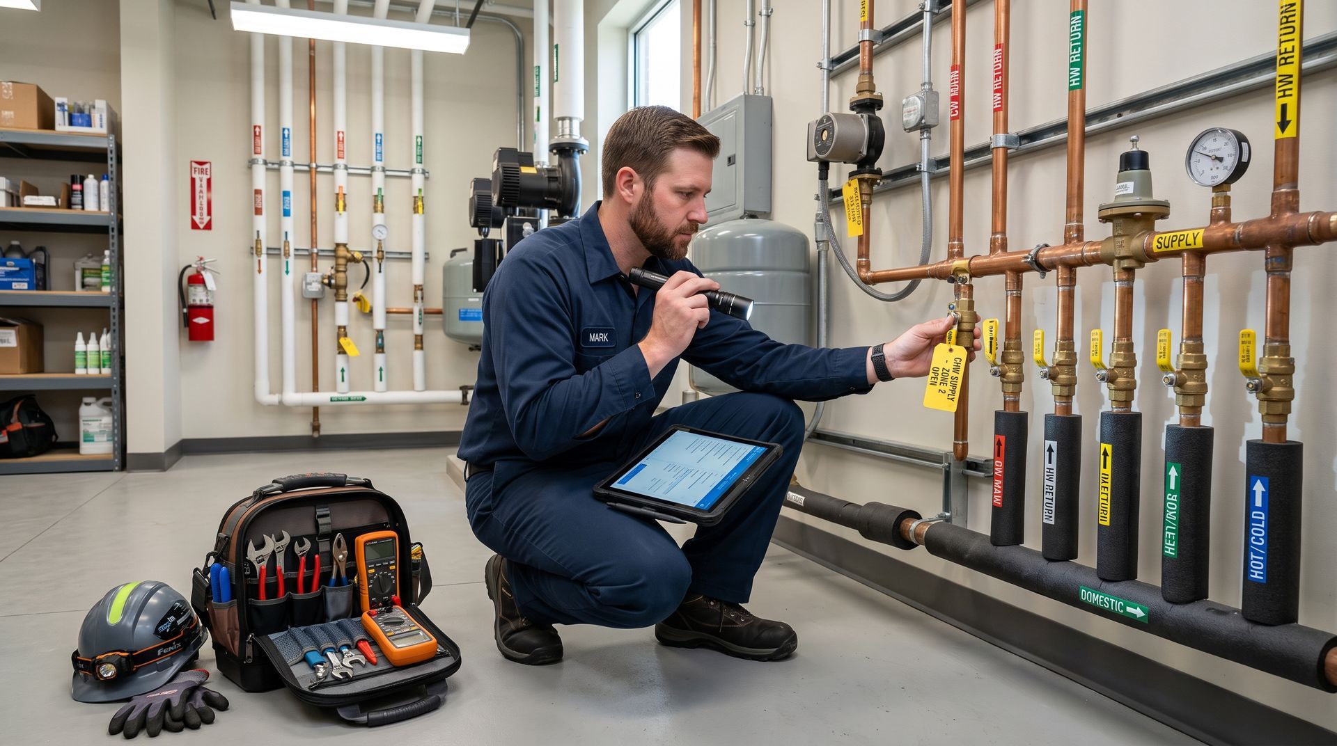 Technician inspecting plumbing pipes and valves in a utility room, kneeling beside tools on the floor.