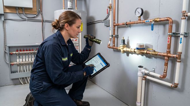 Technician inspecting copper plumbing in a utility room while checking a tablet