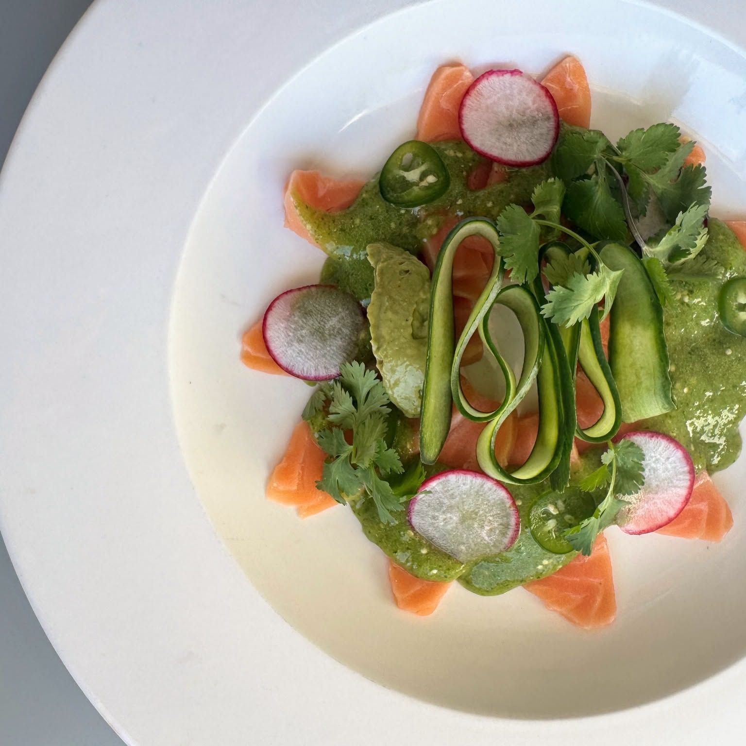 Plated salmon tartare with green sauce, radish slices, herbs, and jalapeño garnish on a white plate