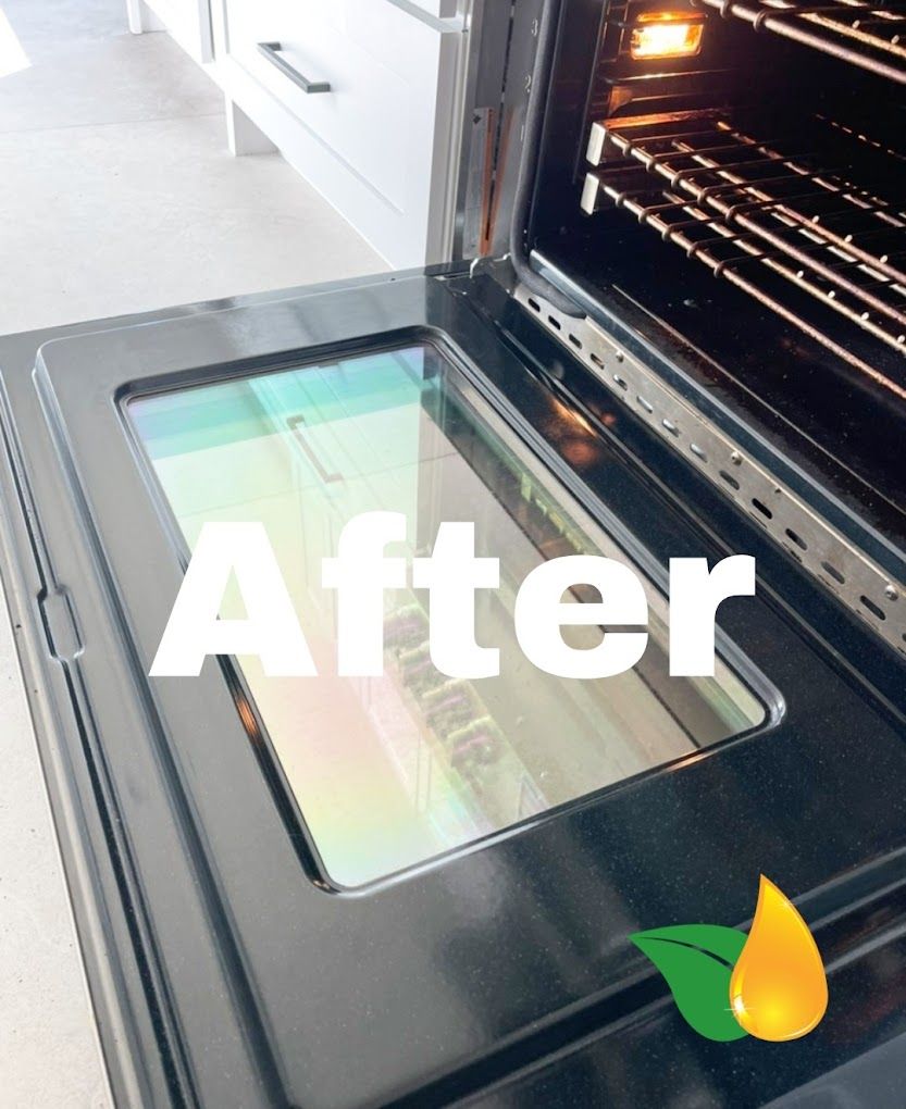 Open oven door with a glass panel labeled “After” and a green-yellow leaf logo.