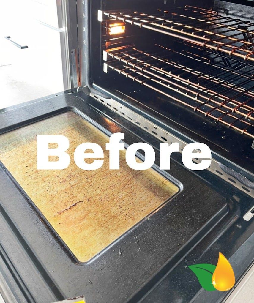 Oven with a baking pan of golden bread labeled “Before” inside the open door