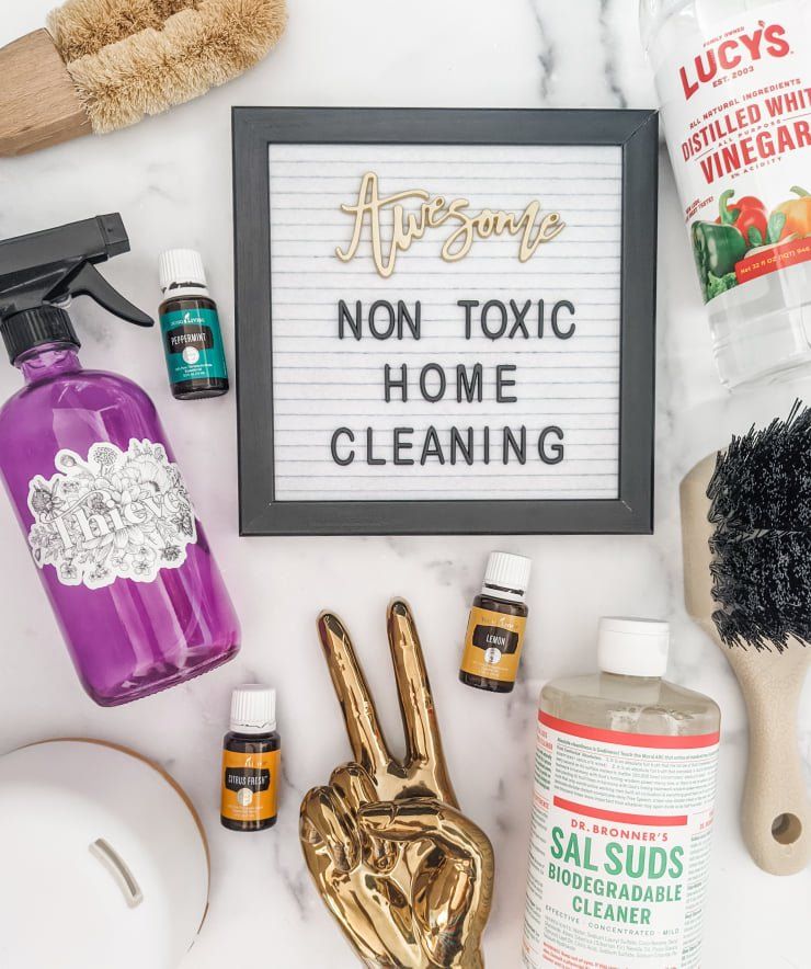 Non-toxic home cleaning supplies arranged around a sign on a white background