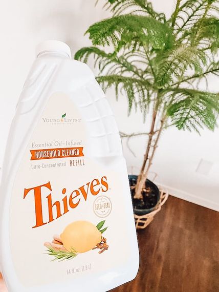 White cleaning bottle labeled “Thieves” beside a potted plant on a wooden floor
