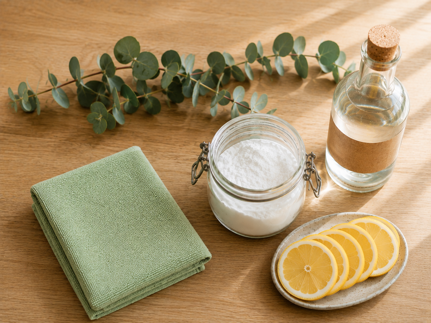 Natural cleaning ingredients with baking soda, lemon slices and a reusable cloth
