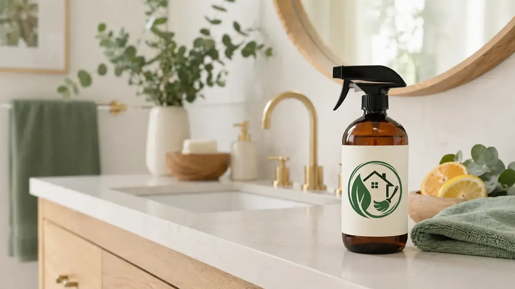 Amber spray bottle on a bathroom countertop beside a sink, mirror, and folded towel.