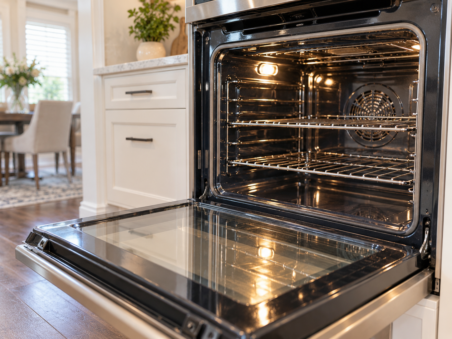 Clean open oven in a bright modern kitchen after a deep cleaning